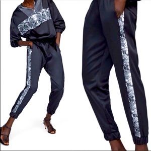 Zara Black Satin Joggers with Snakeskin Stripe